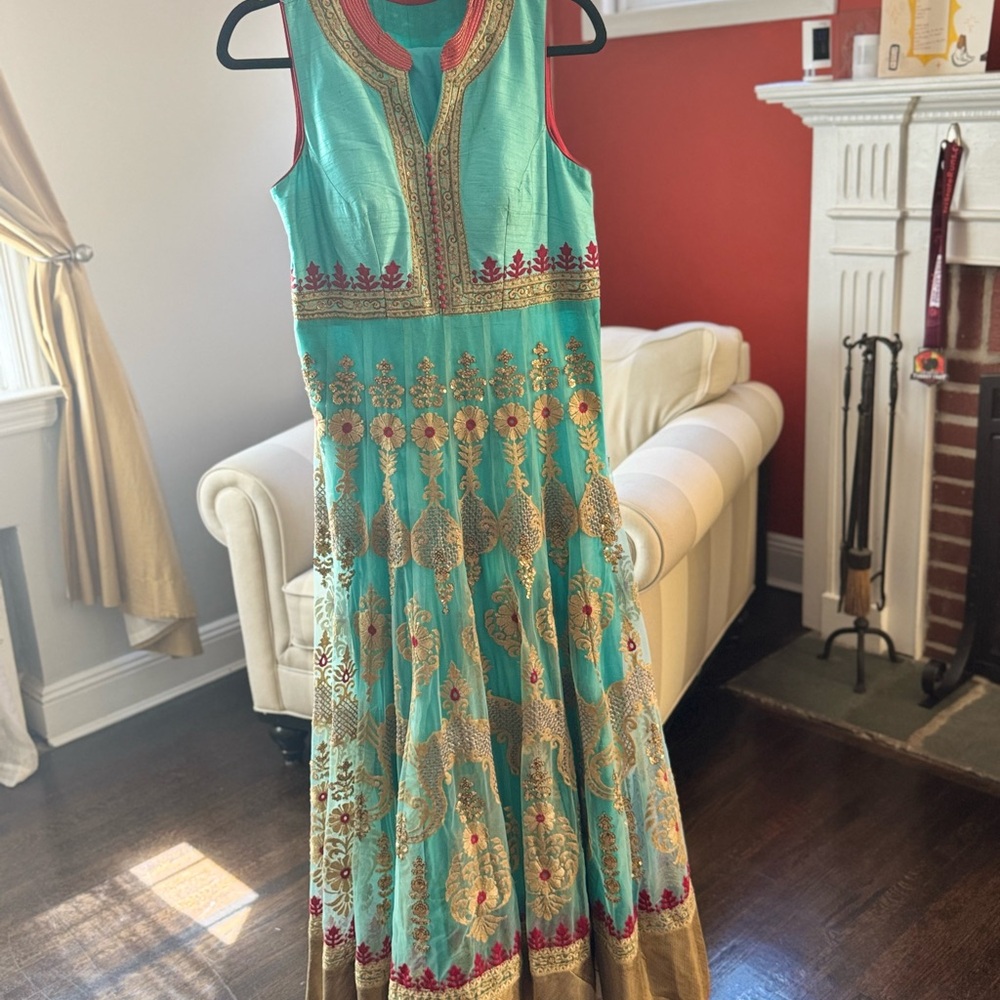 Elegant Embroidered Teal and Gold Dress